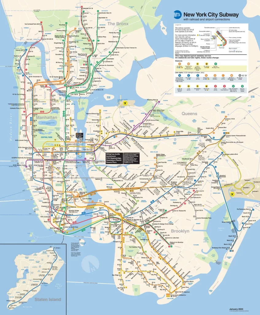 Mapa oficial do metrô de Nova York com todas as linhas, estações e conexões entre Manhattan, Brooklyn, Queens e Bronx
