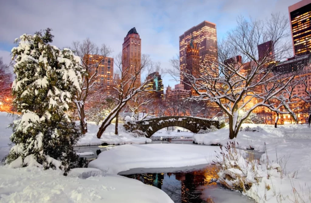 Central Park no inverno coberto de neve, paisagem icônica de Nova York