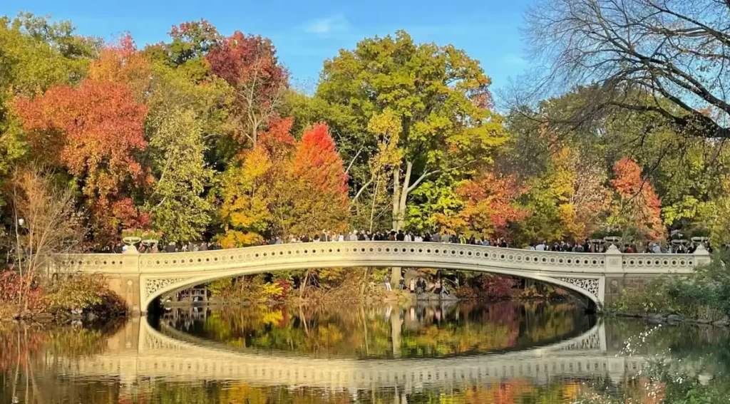 Bow Bridge no Central Park durante o outono com árvores coloridas refletidas no lago em Nova York