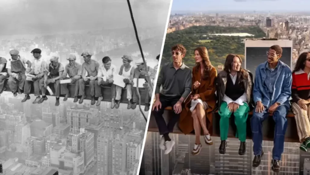 Famosa foto Lunch Atop a Skyscraper de 1932 com a experiência moderna The Beam no Top of the Rock, atração turística no Rockefeller Center em Nova York.