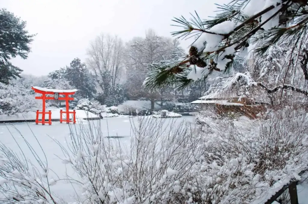 A paisagem de inverno transforma o jardim japonês do Brooklyn Botanic Garden.