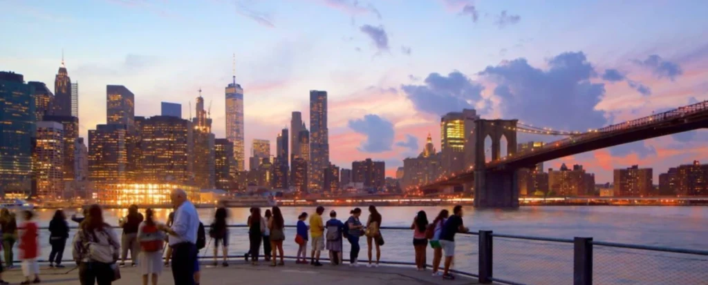 Brooklyn Bridge e Lower Manhattan iluminados pelas cores do entardecer.