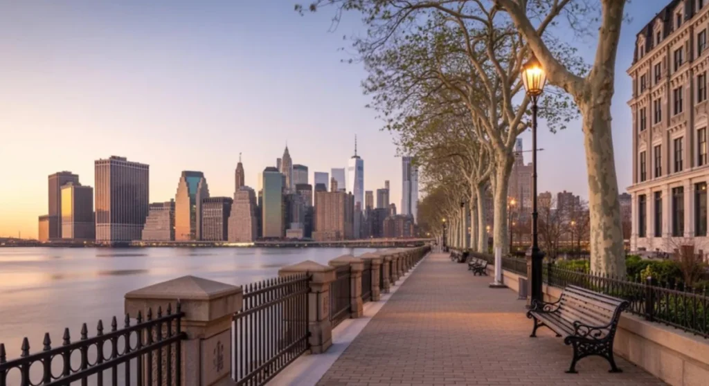 A promenade de Brooklyn Heights e o skyline de Lower Manhattan durante o entardecer.