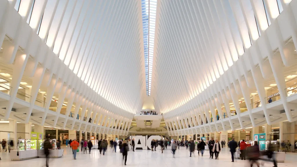 Interior do Oculus, o World Trade Center Transportation Hub em Lower Manhattan