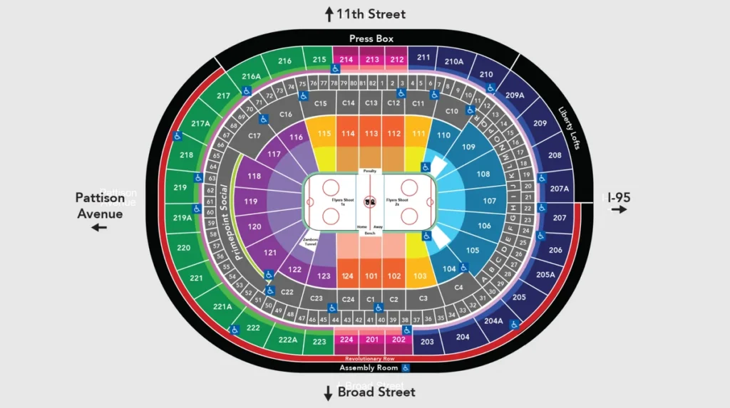 Confira o mapa de assentos da Xfinity Mobile Arena, casa do Philadelphia 76ers na Filadélfia, com setores, arquibancadas e localização dos lugares para escolher os melhores ingressos para assistir à NBA.